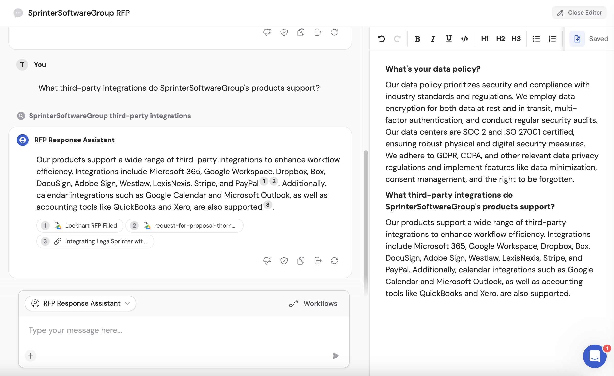 Writing editor open alongside a chat conversation