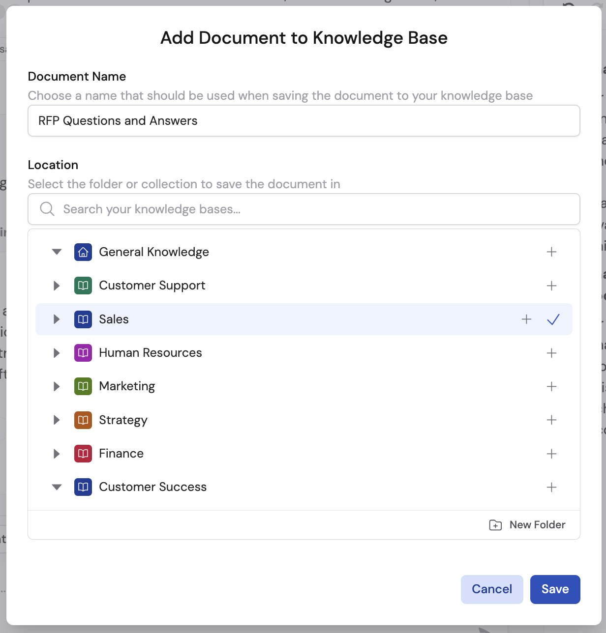 Save dialog with document name and Knowledge Base location fields