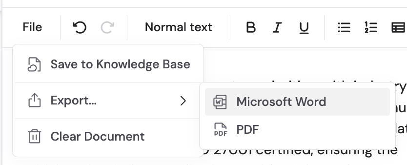Save to Knowledge Base option in the writing editor file menu