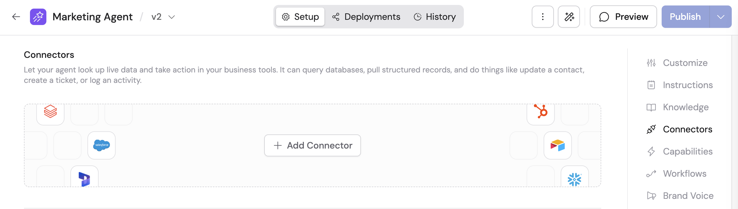 Agent Setup tab showing the Connectors section