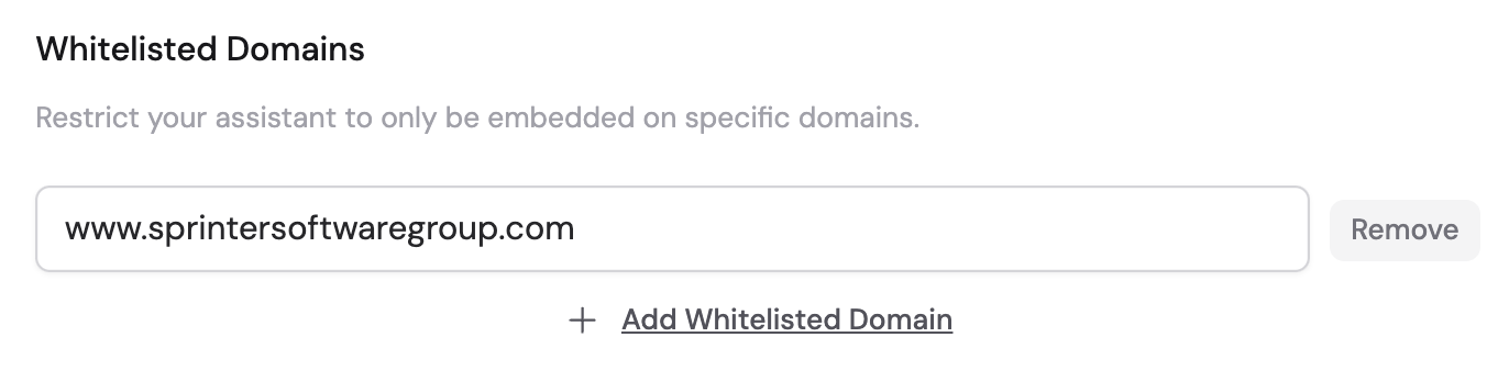 Whitelisted domains section with the Add Whitelisted Domain button