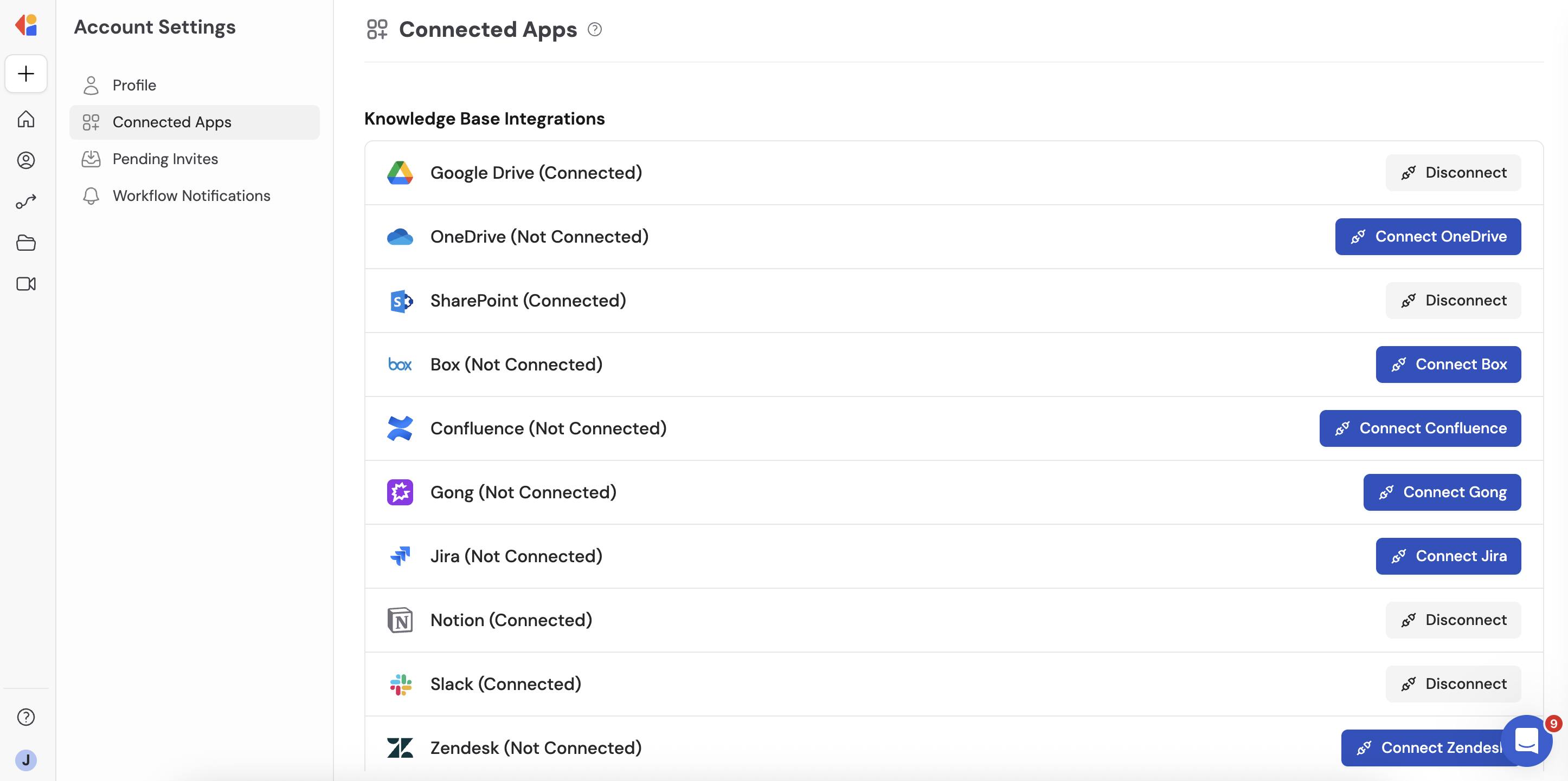 Integrations page showing connected apps and available integrations in Cassidy