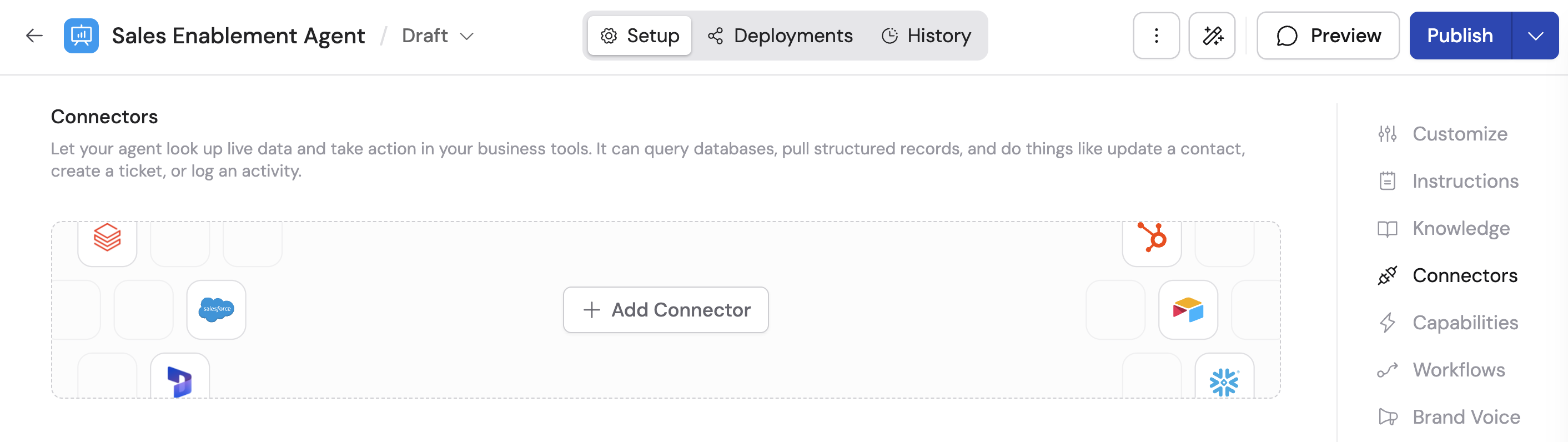 Setup tab showing the Connectors section in the Agent editor
