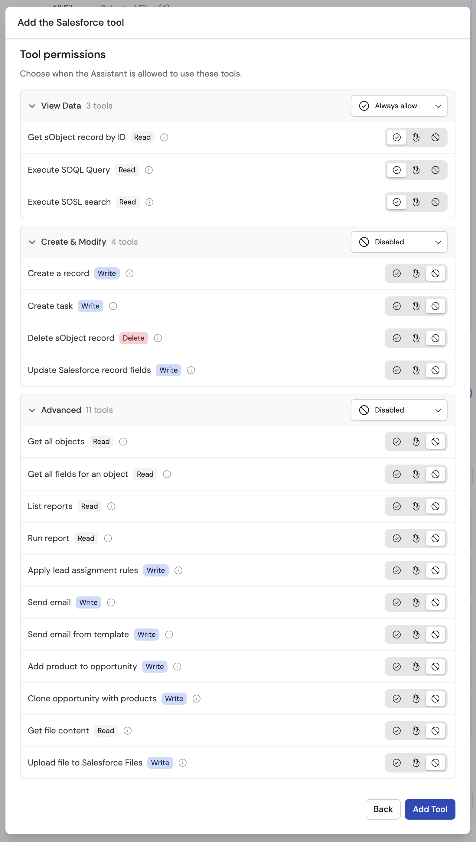 Tool permissions panel showing Always Allow, Needs Approval, and Disabled options