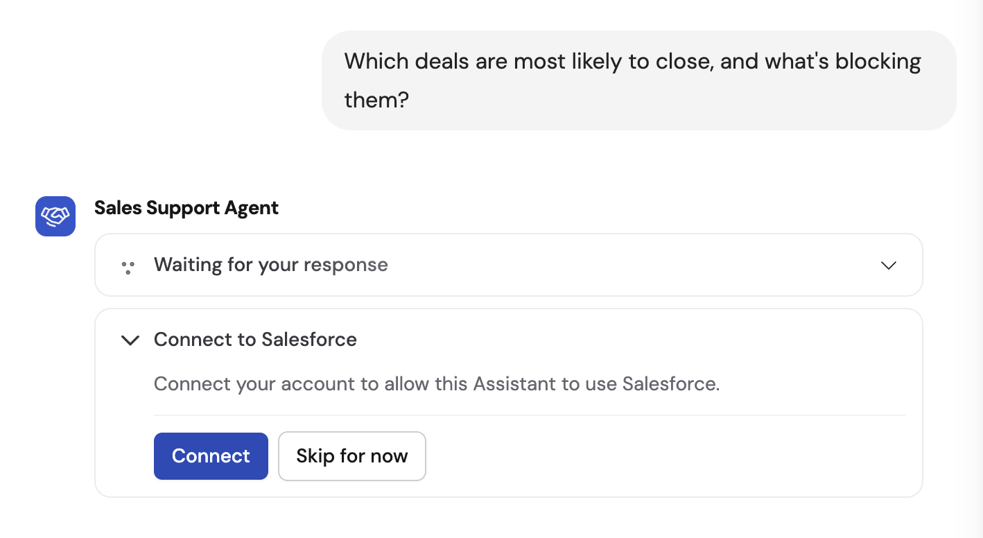 Chat interface with the Salesforce-enabled Agent selected