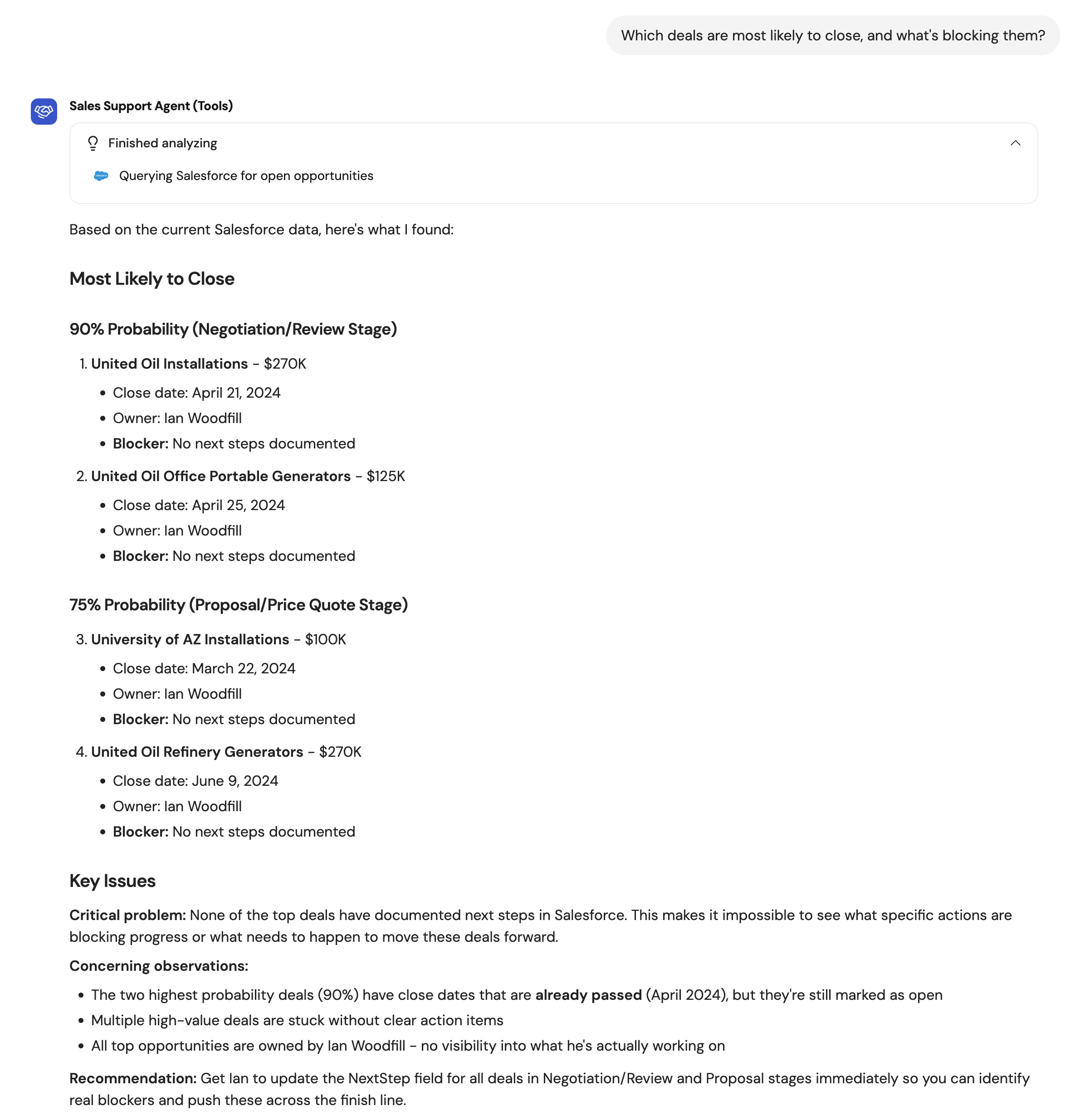 Agent responding with Salesforce data in the chat