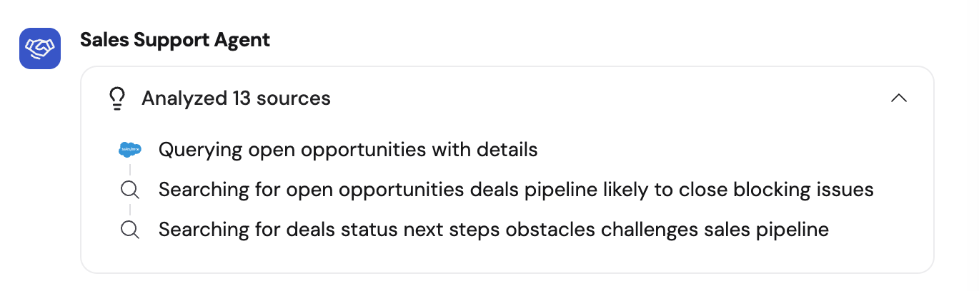 Analyzed Sources dropdown showing Salesforce actions taken