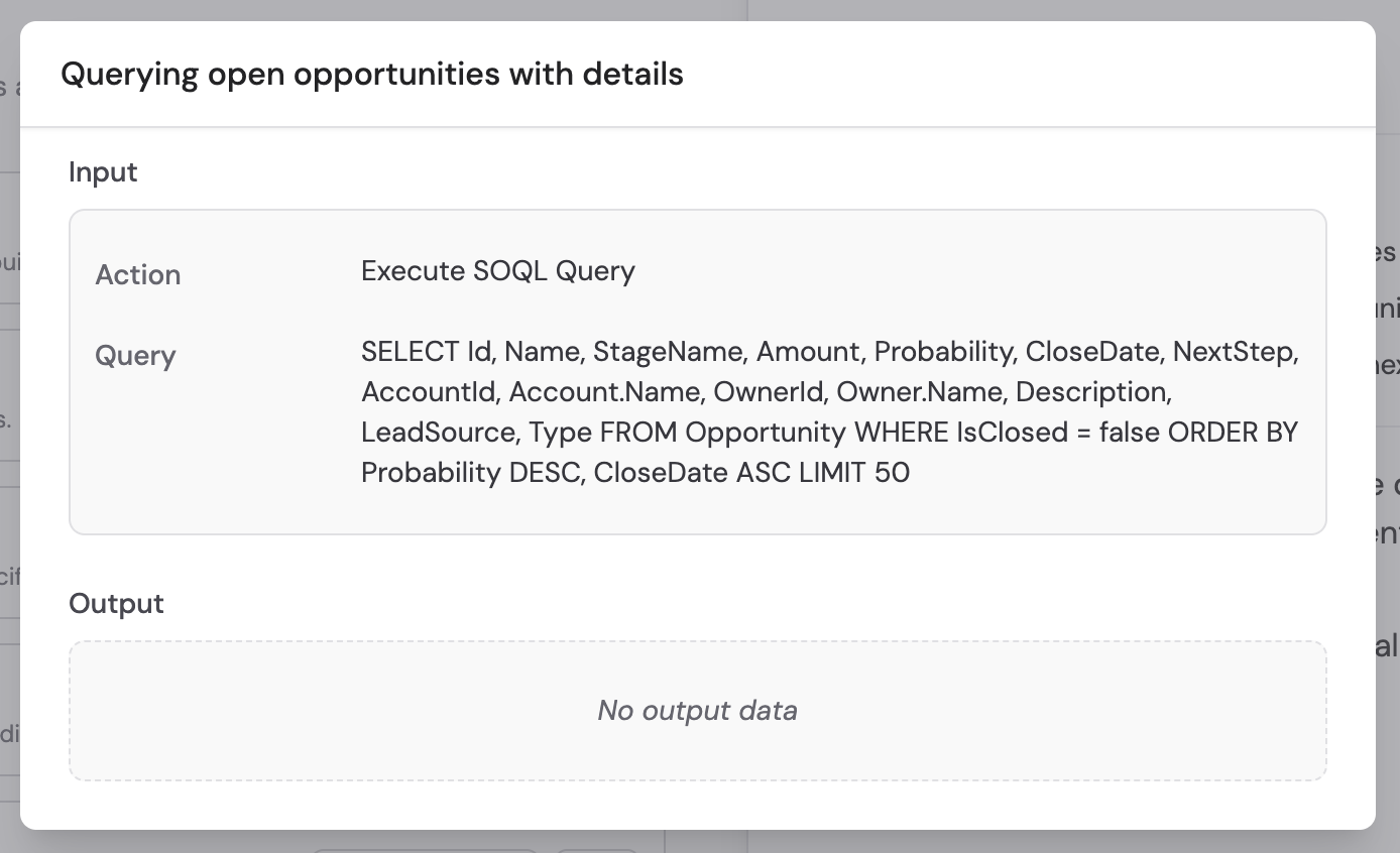Salesforce action showing No output data due to missing permissions