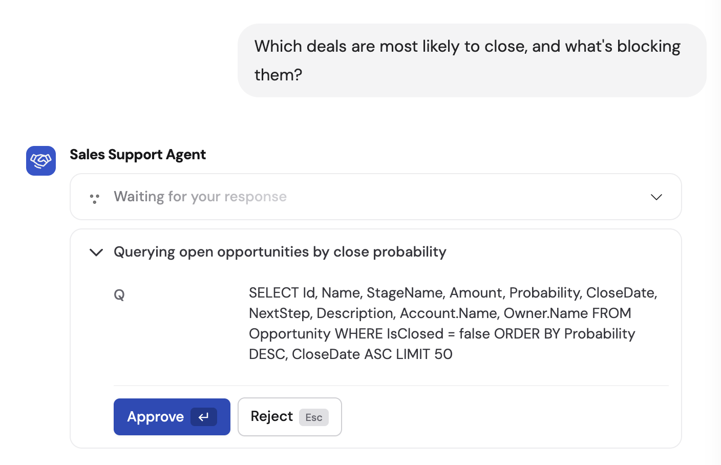Approval prompt with Approve and Reject buttons for a Salesforce action