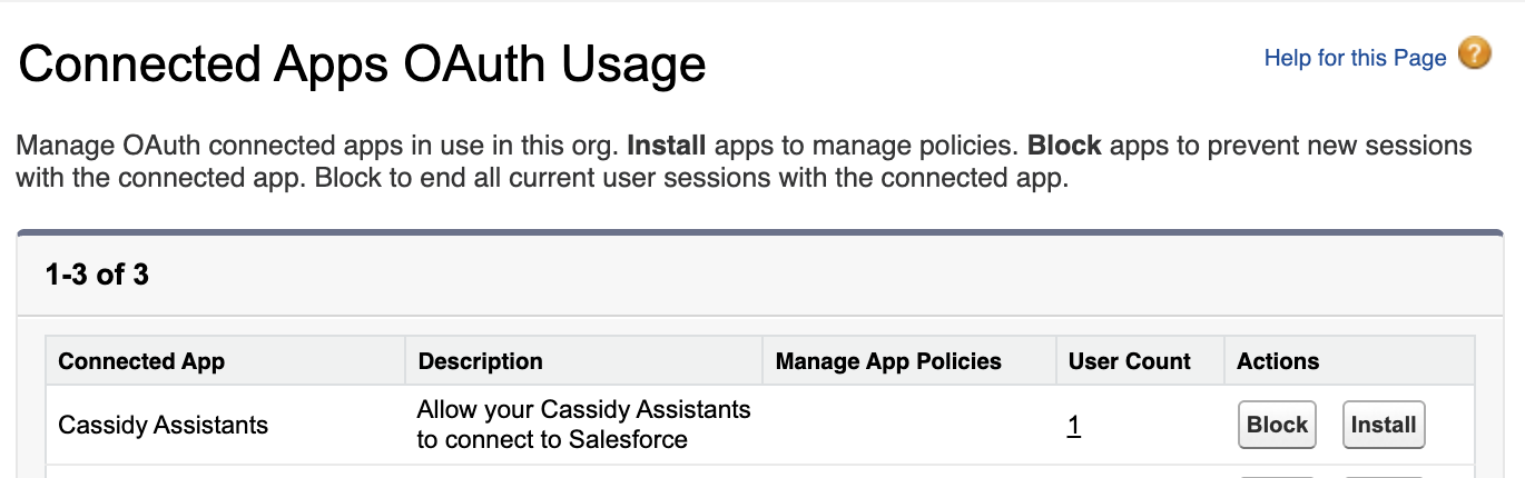 Cassidy Assistants app listed in Salesforce Connected Apps