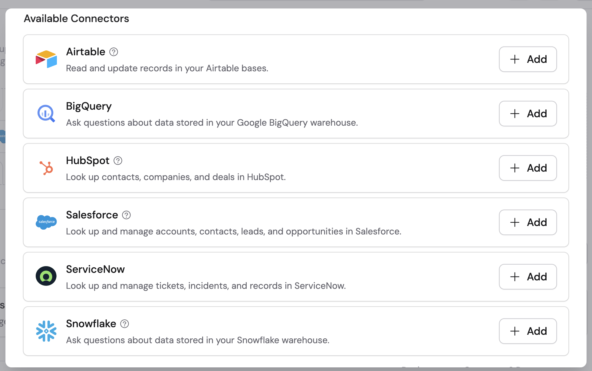 Connector selection panel with the Salesforce option