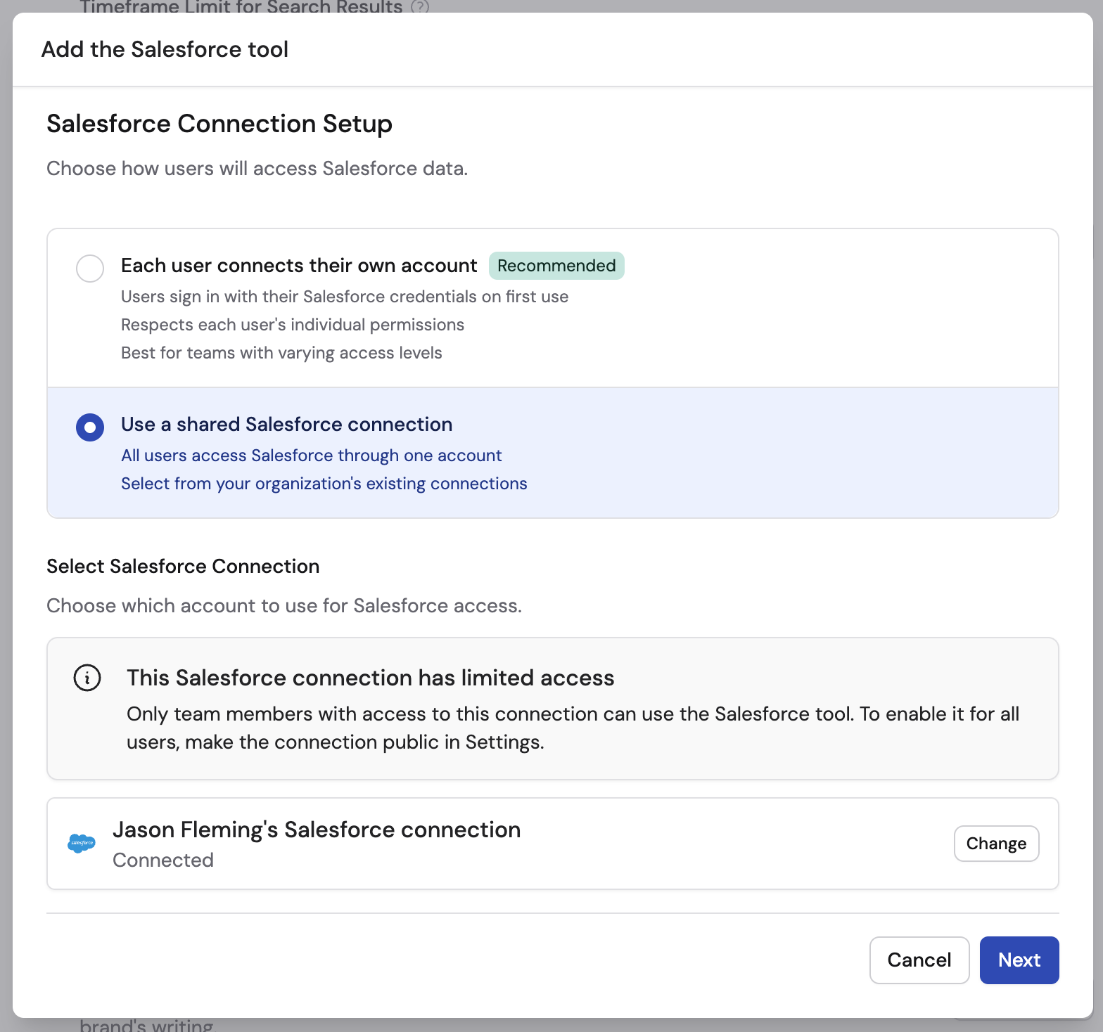 Connection menu showing the Share option