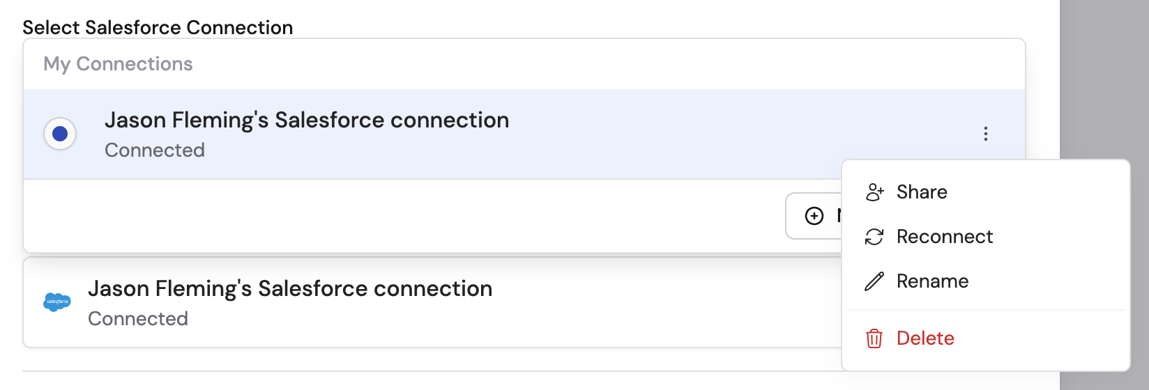 Share dialog for the Salesforce connection