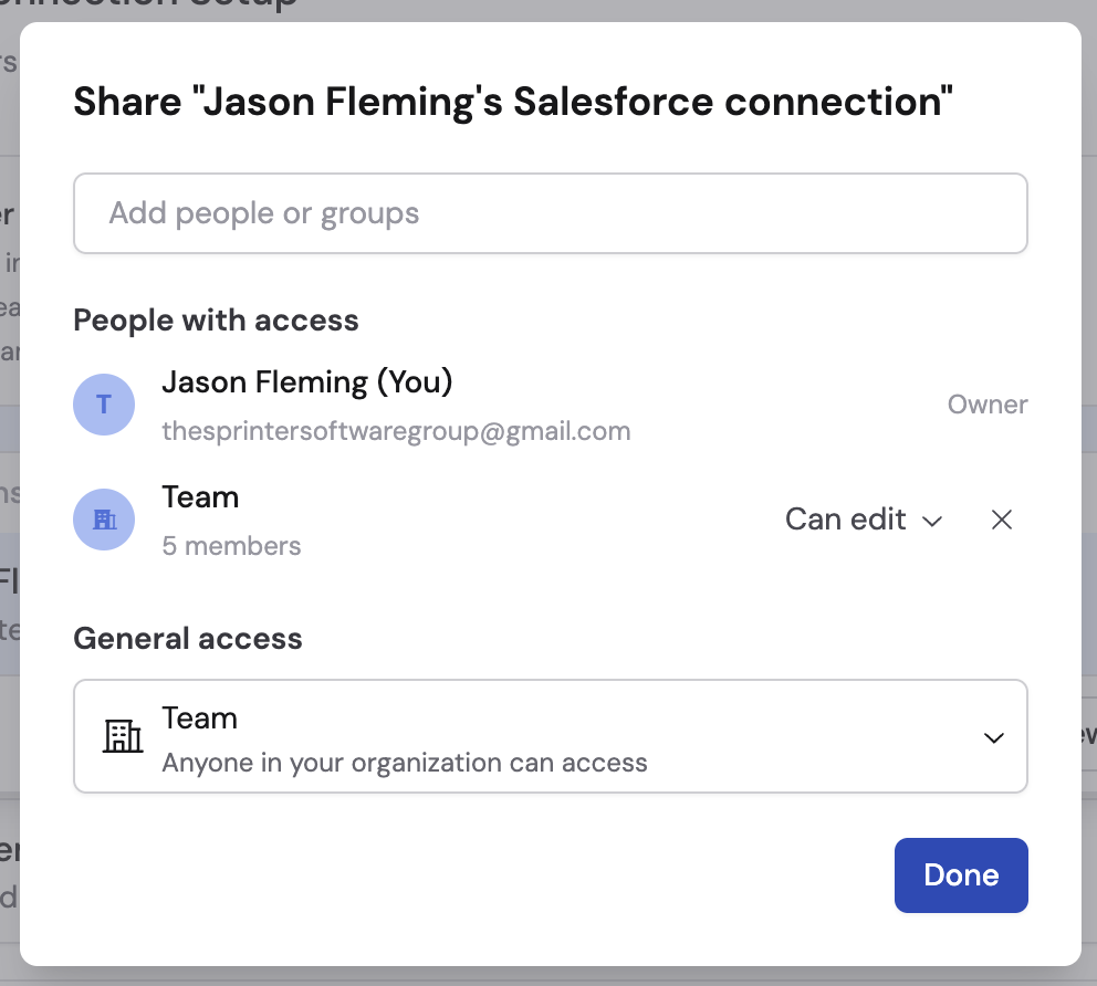 Sharing permissions panel for the Salesforce connection