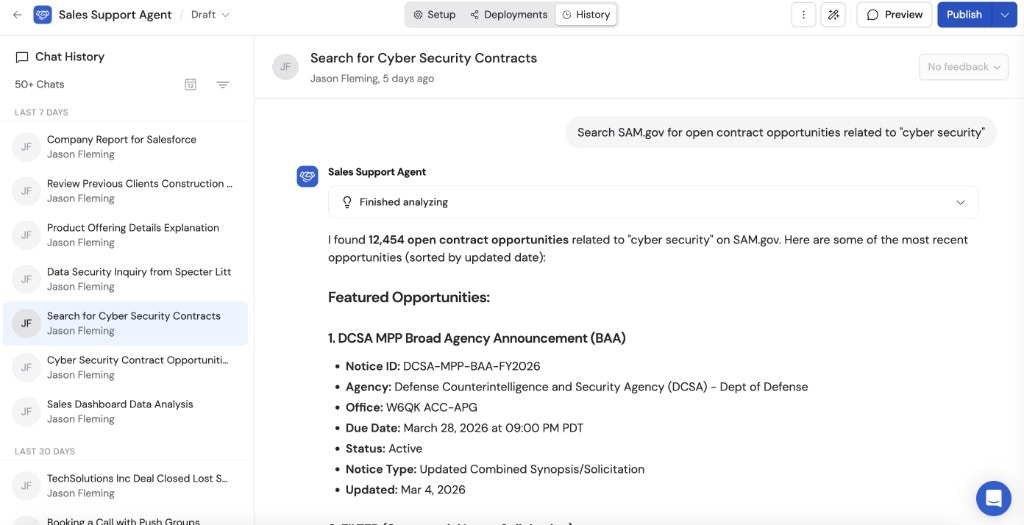 History tab showing a list of past conversations with the Agent including chat titles, users, and dates