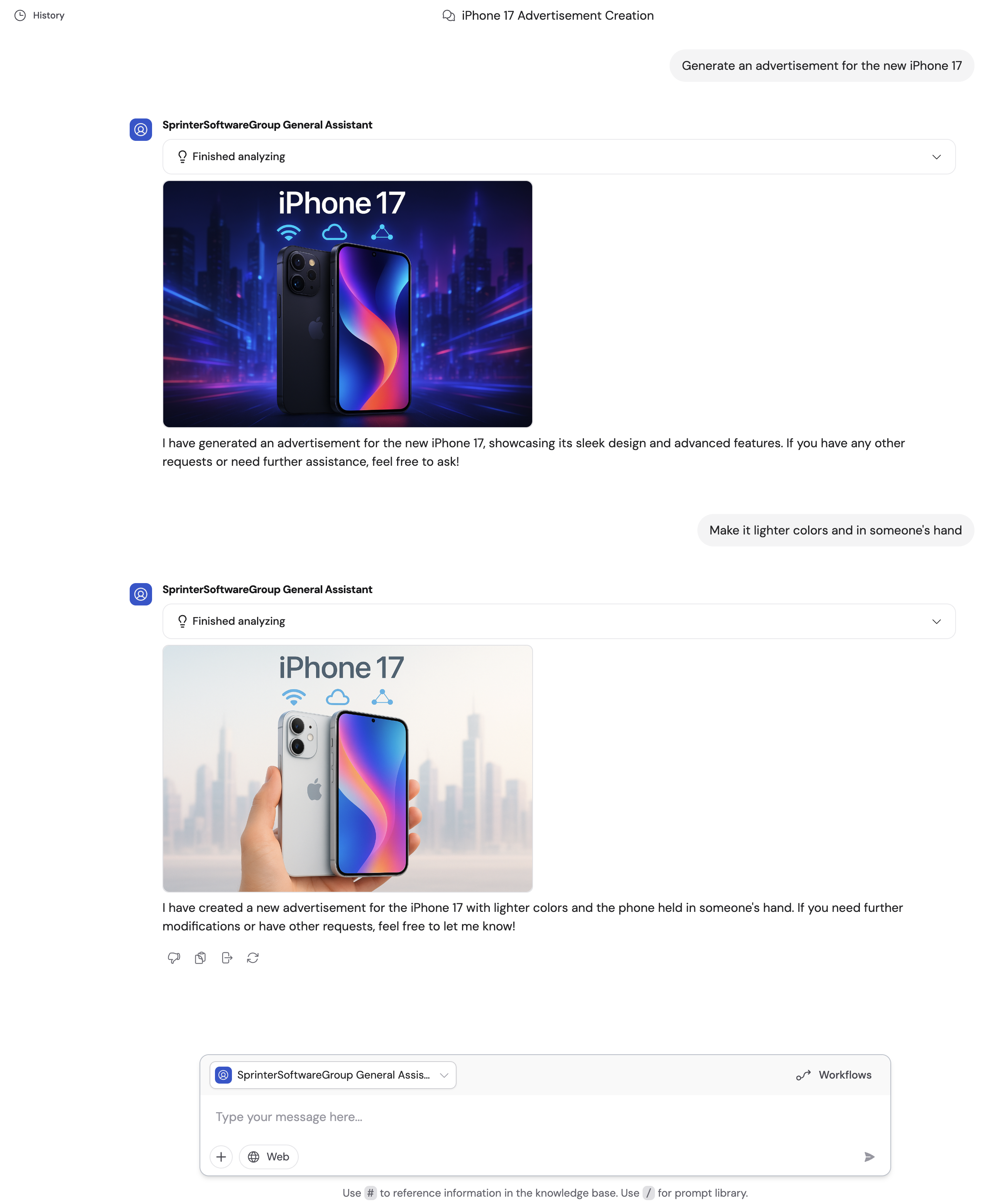 Agent chat showing a generated image from a text description