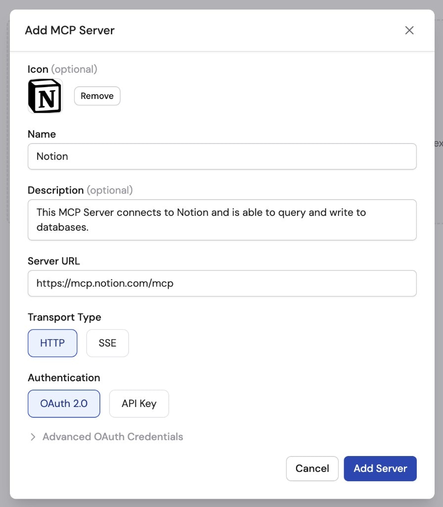 Add MCP Server dialog filled in with Notion as the name, a description, server URL, HTTP transport type, and OAuth 2.0 authentication