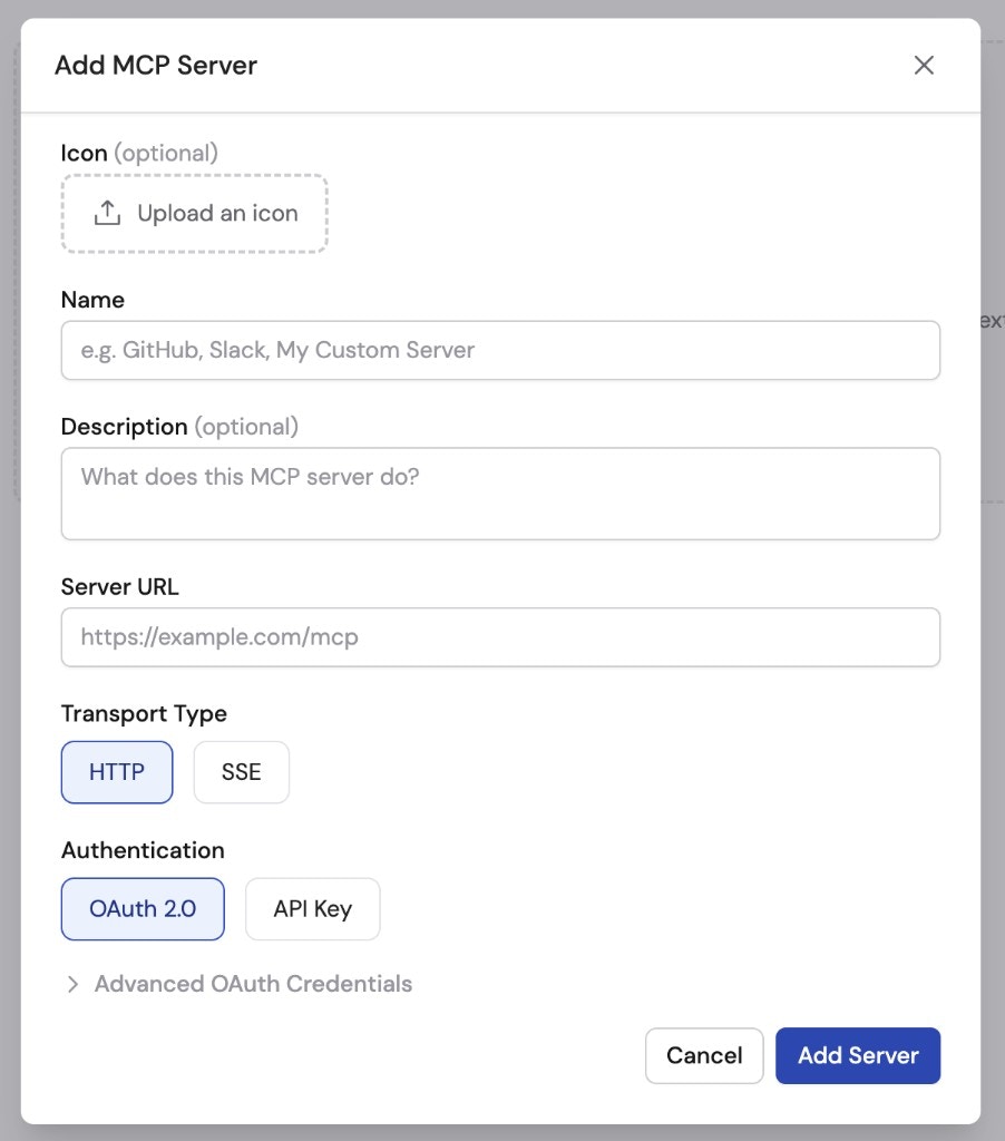 Add MCP Server dialog showing empty fields for icon, name, description, server URL, transport type, and authentication