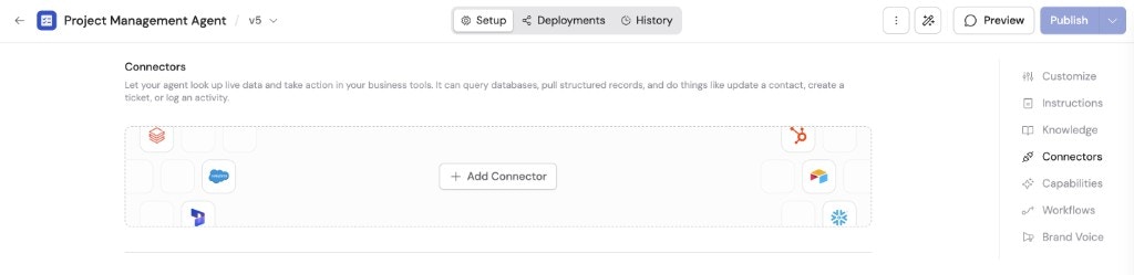 Agent editor Setup tab showing the Connectors section with existing connectors and an Add Connector button
