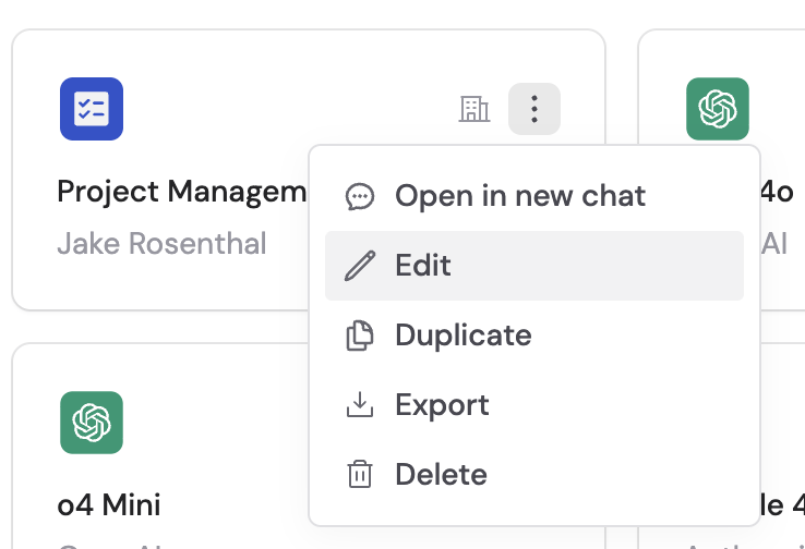 Agent card context menu showing Open in new chat, Edit, Duplicate, Export, and Delete options