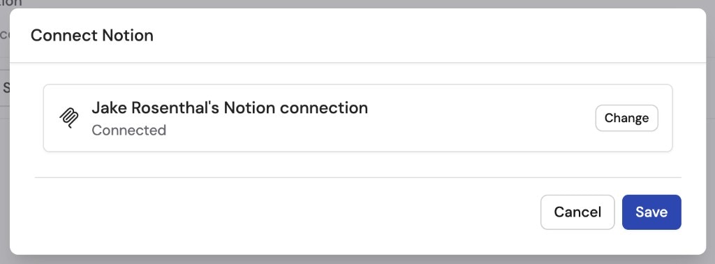 Connect dialog showing a connected account with Change and Save buttons