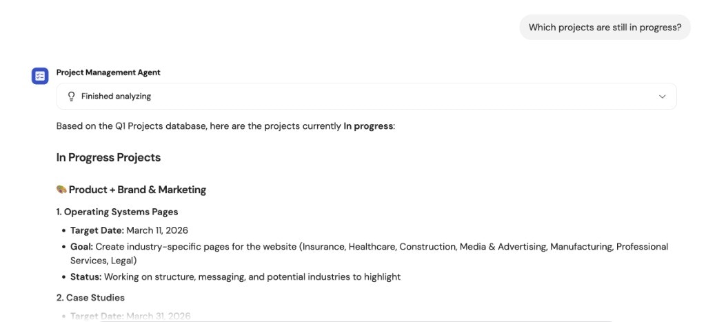 Agent response showing in-progress project data retrieved from Notion via the MCP server