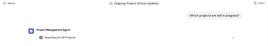 Chat interface showing the Agent searching through the MCP server to answer a user question
