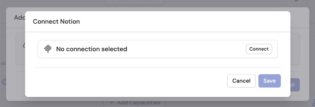 Connect dialog showing No connection selected with a Connect button