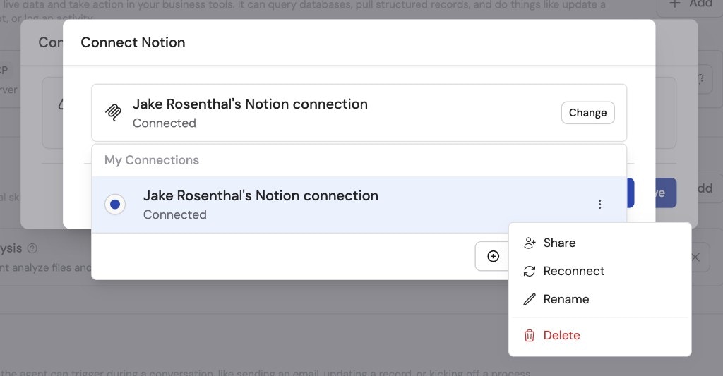 Connect dialog showing a connected account with Change button, and an ellipses menu expanded with Share, Reconnect, Rename, and Delete options