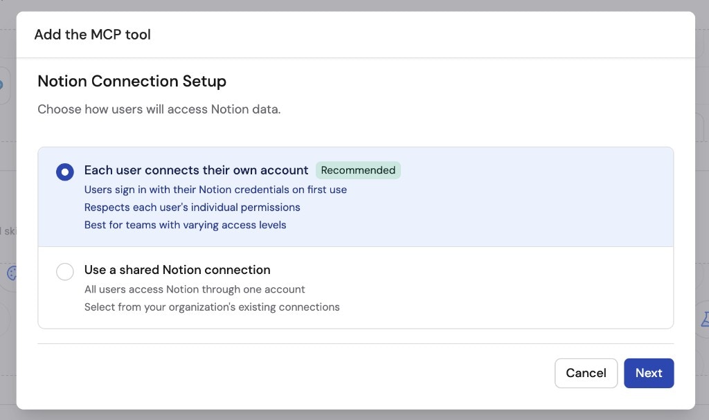 Connection Setup dialog showing per-user connection (recommended) and shared connection options with a Next button