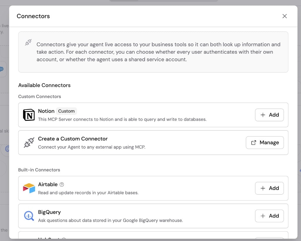 Connectors dialog showing Custom Connectors section with a Notion MCP server and a Create a Custom Connector option, plus Built-in Connectors below