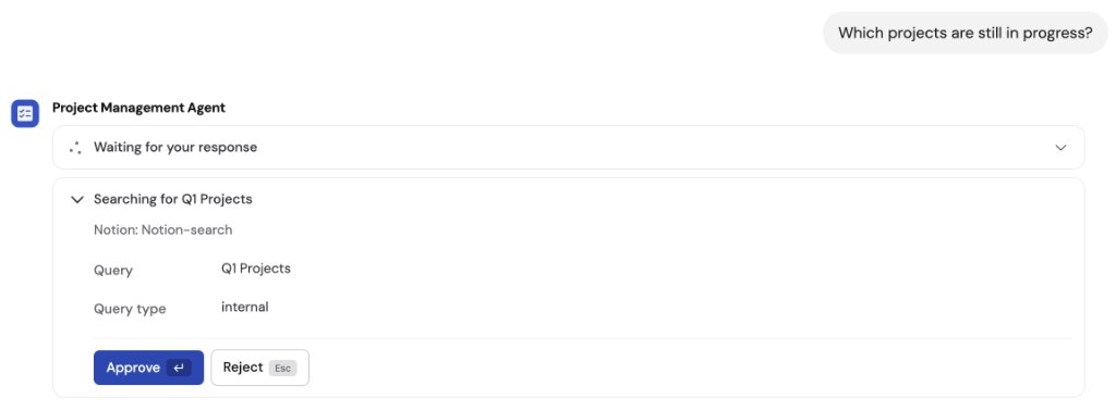 Chat showing a Needs Approval prompt with the MCP server tool details, query parameters, and Approve and Reject buttons
