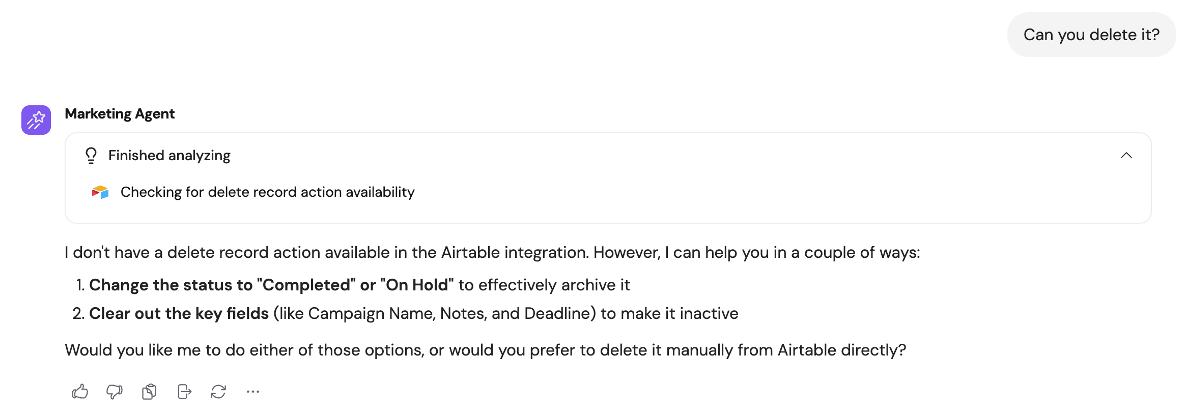 Expanded Airtable action details showing the query and results