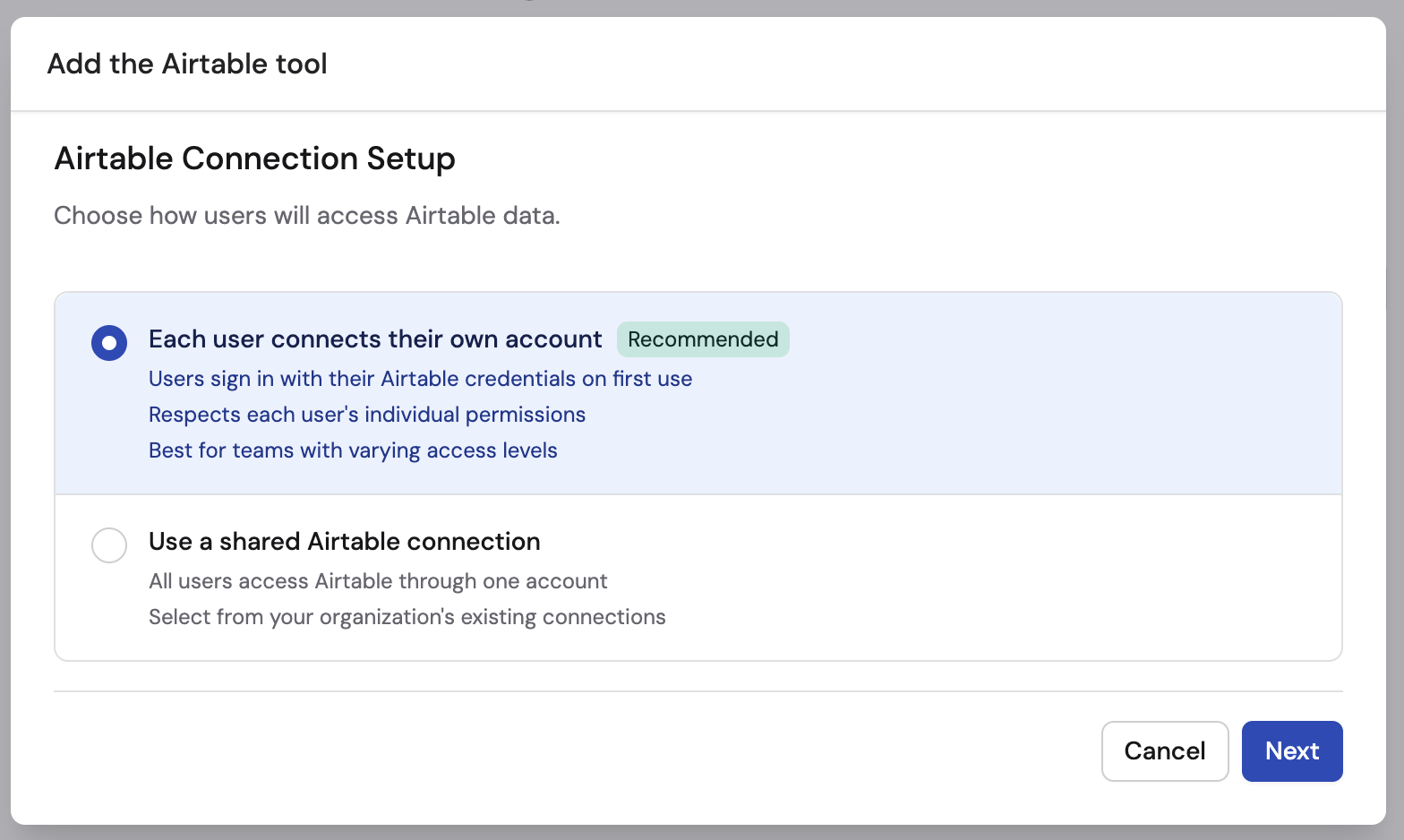 Connection method selection for Airtable