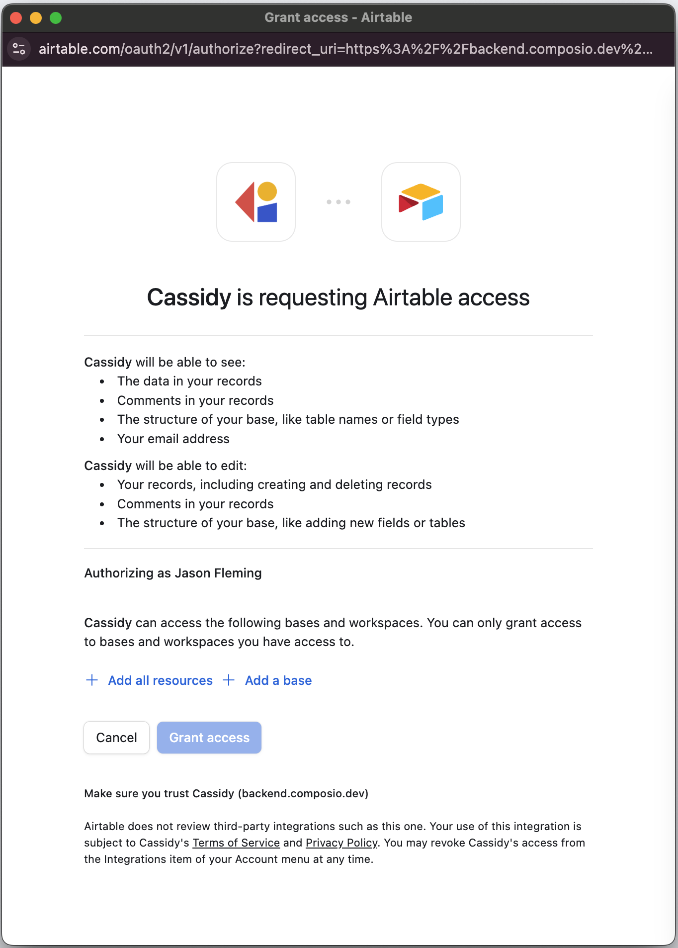 Airtable authorization and base selection