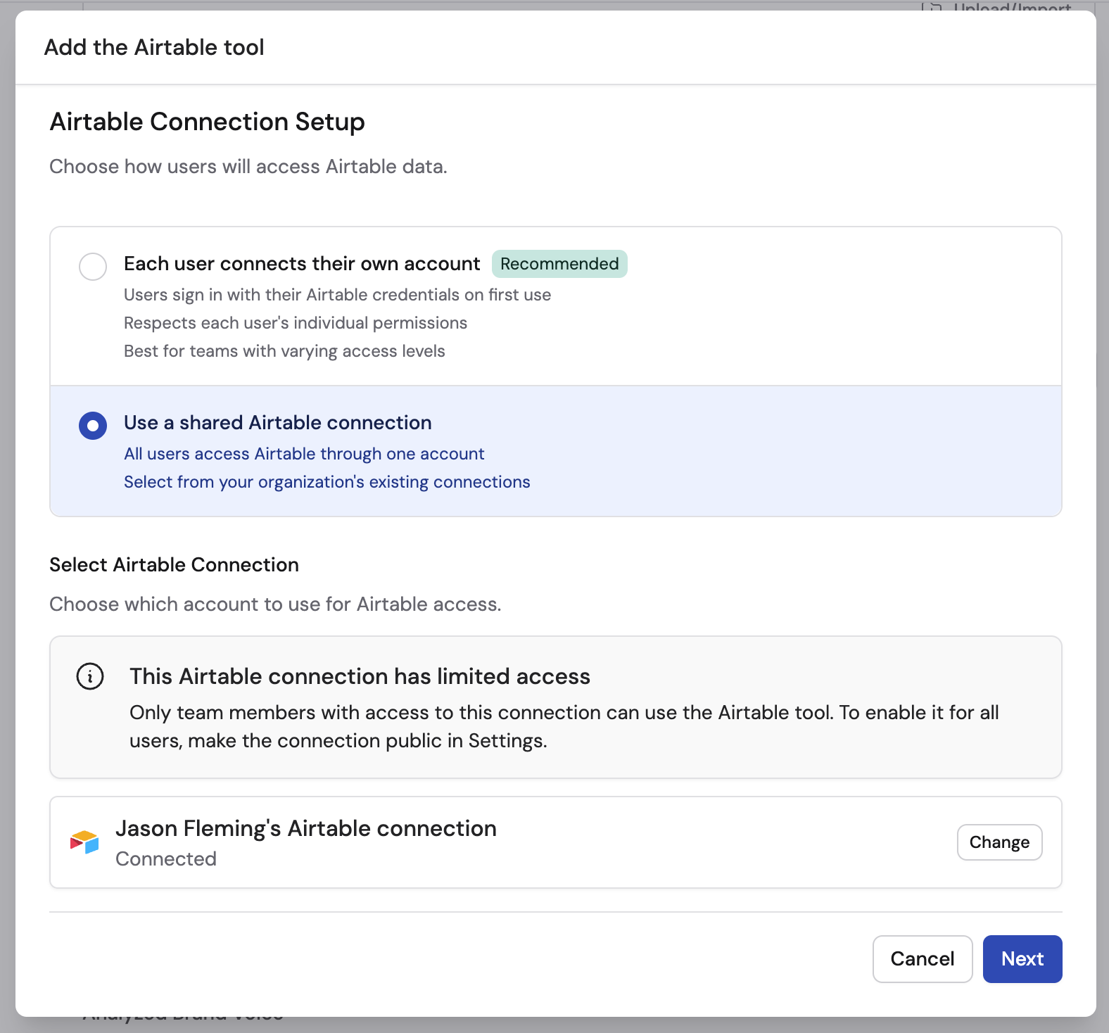 Connection sharing options for team members