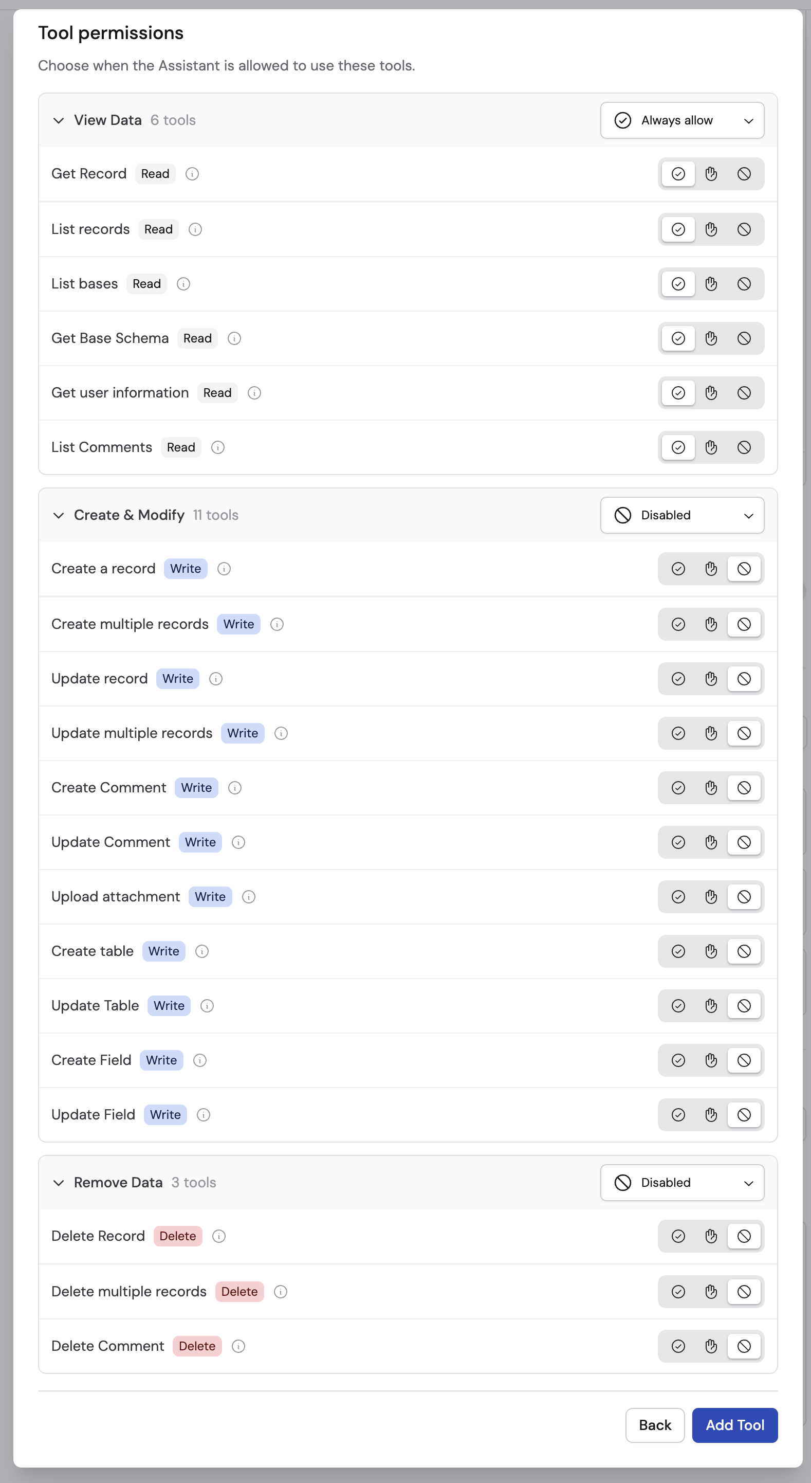 Tool permission settings for Airtable actions