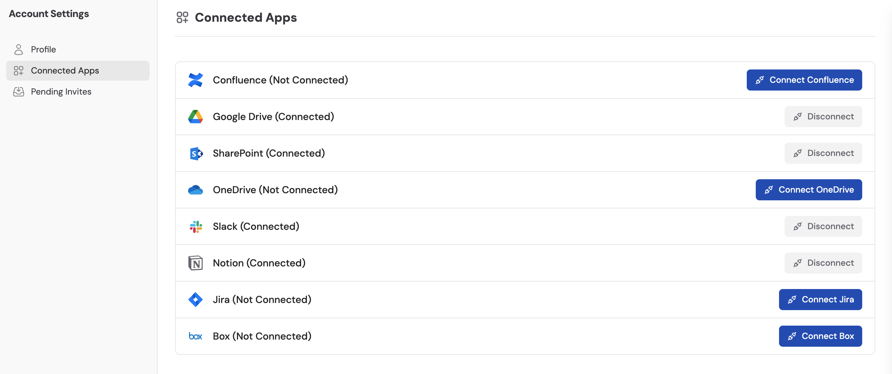 Connected Apps page showing Box with a Connect Box button