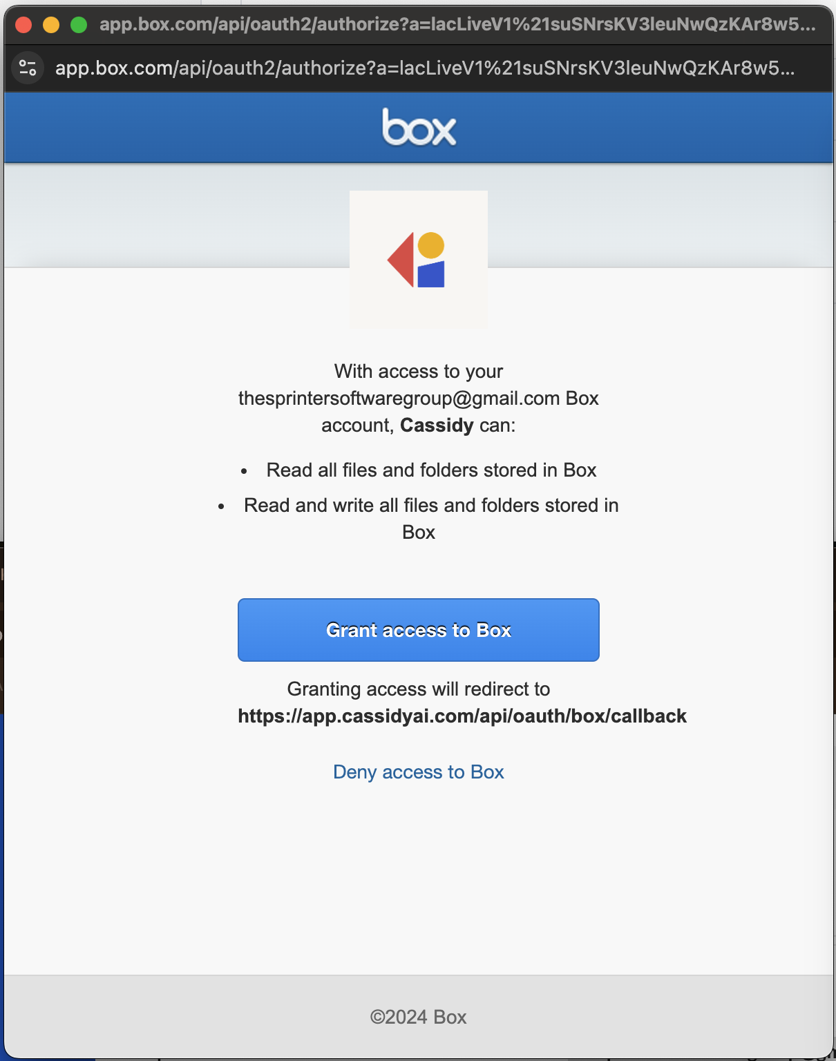 Box authorization page showing permissions Cassidy is requesting with a Grant access to Box button