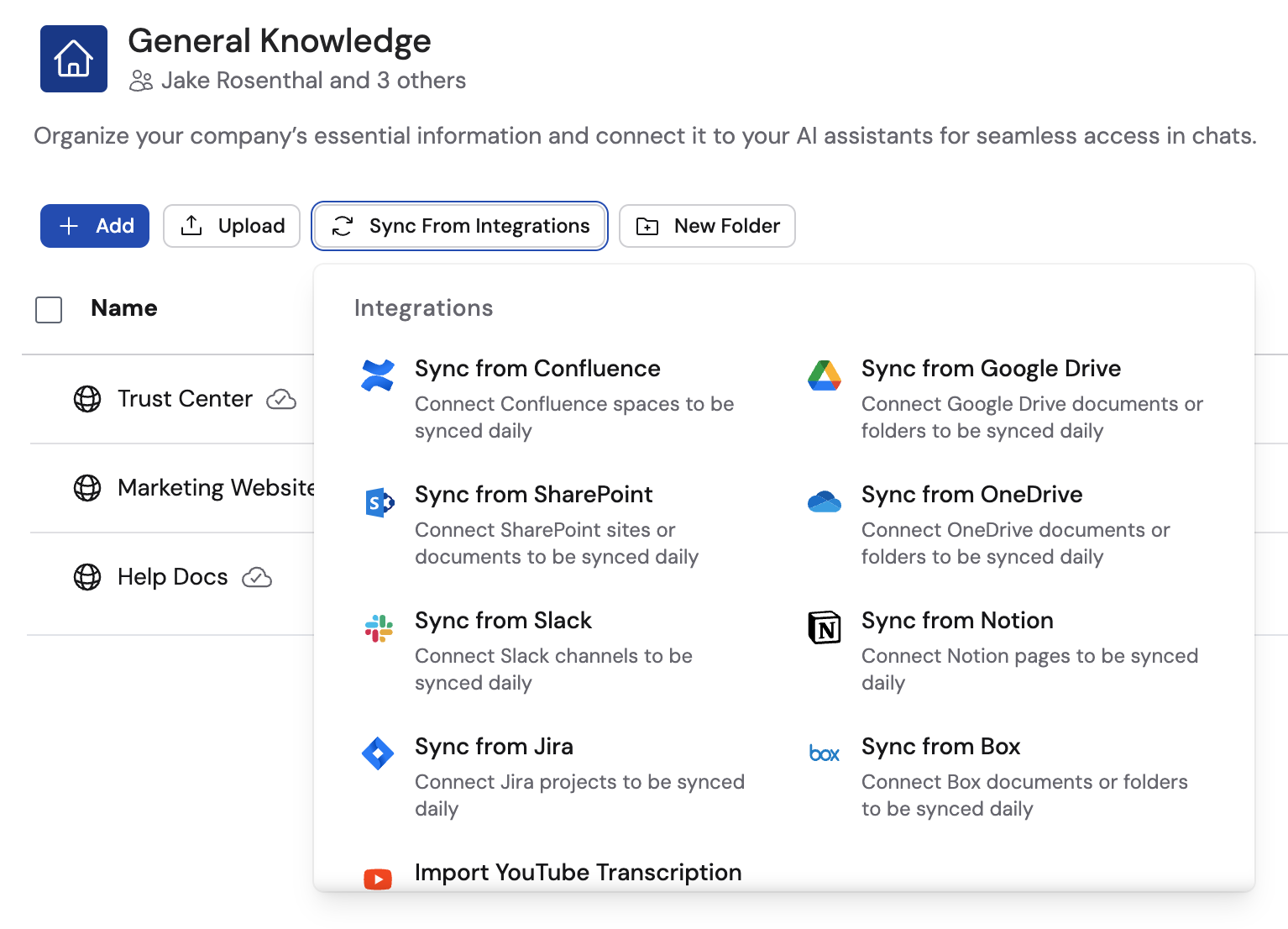 Knowledge Base Sync From Integrations dropdown showing Sync from Box option