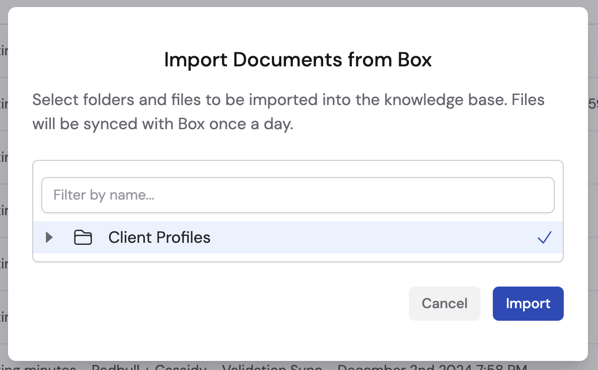 Import Documents from Box dialog showing folders with checkboxes