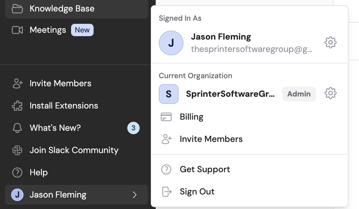 Cassidy sidebar showing the account settings popup