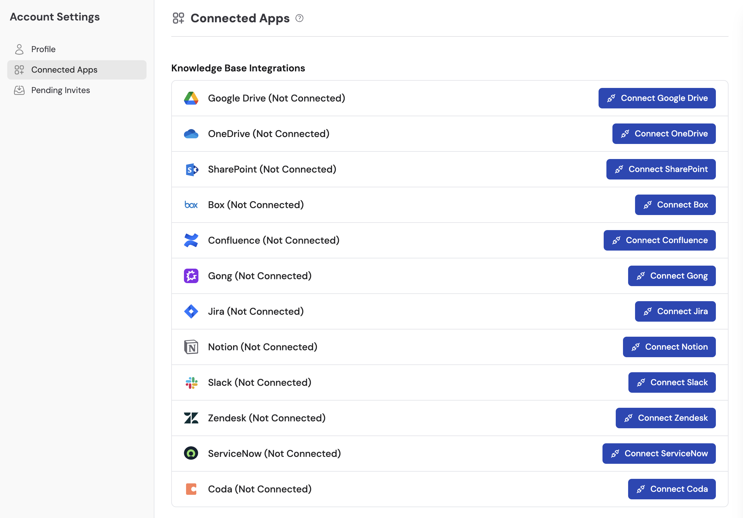 Connected Apps page showing Coda in the integrations list