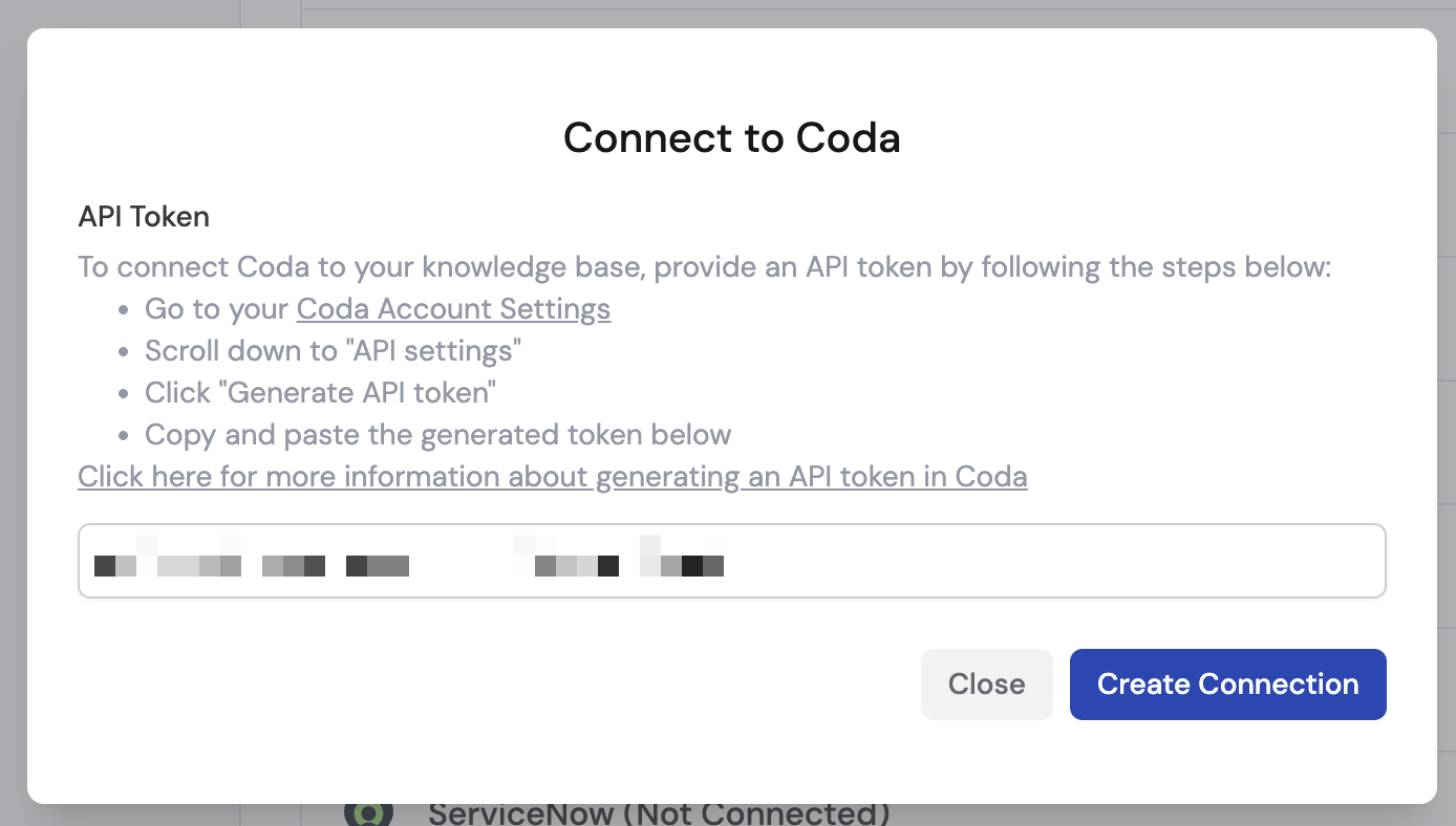 Connect to Coda dialog with API token field and Create Connection button