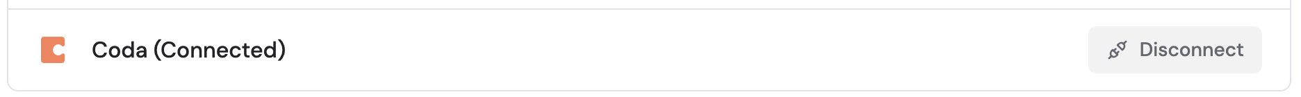 Connected Apps list showing Coda with a Connected status and Disconnect button