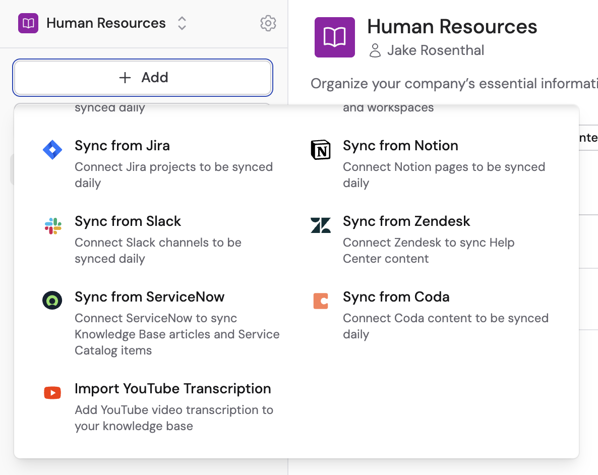 Knowledge Base Sync From Integrations dropdown showing Sync from Coda option
