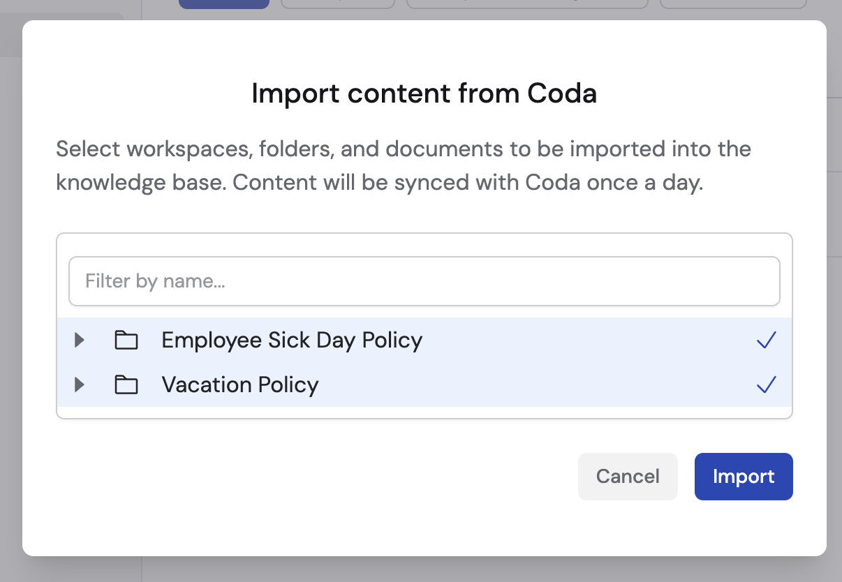 Import content from Coda dialog showing documents with checkboxes