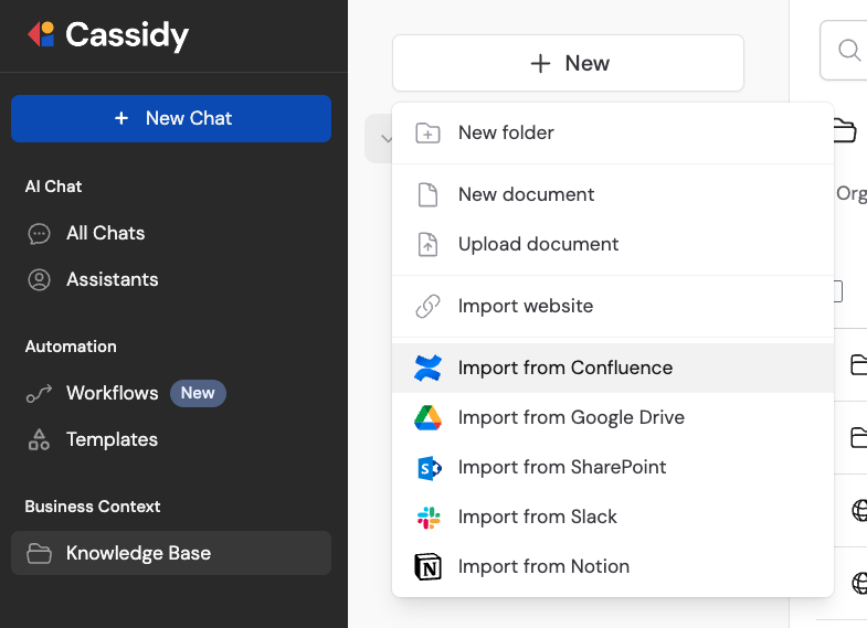 Knowledge Base import section showing Confluence as a source