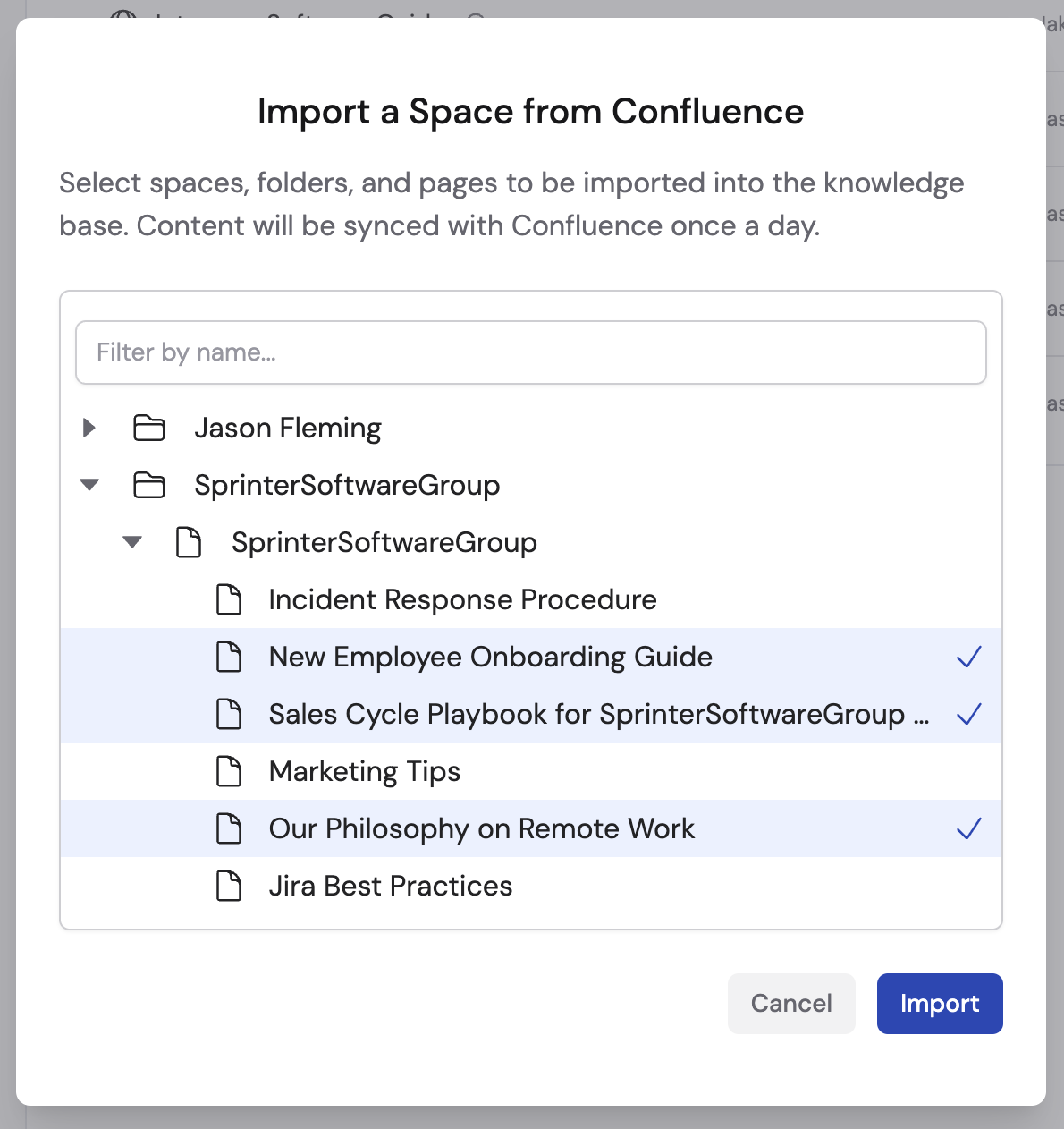 Space and page selection dialog for Confluence import