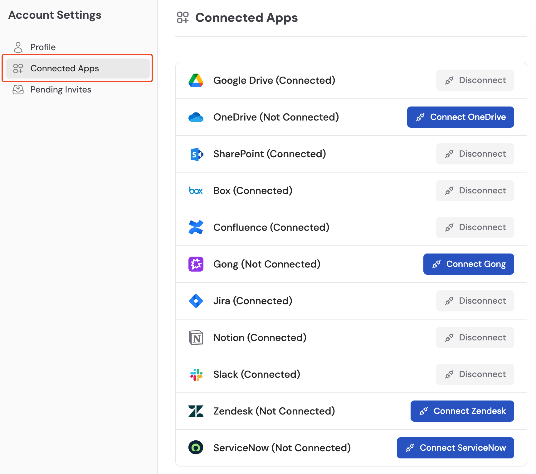 Connected Apps page with Gong highlighted